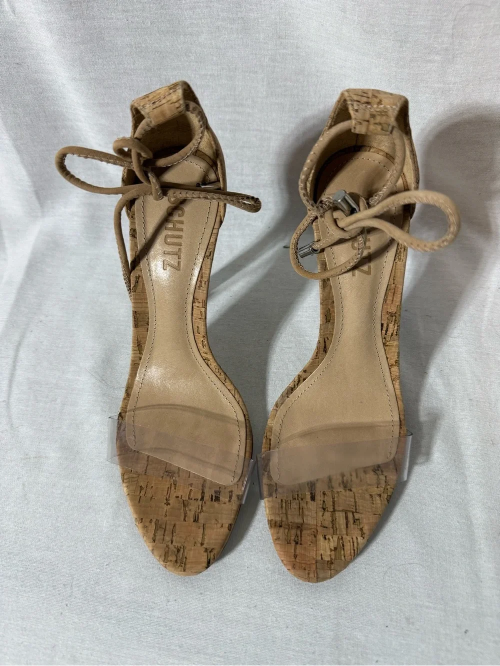 Schutz Tan Cork Ankle-Tie Stiletto Sandals with Clear Strap Size 7.5